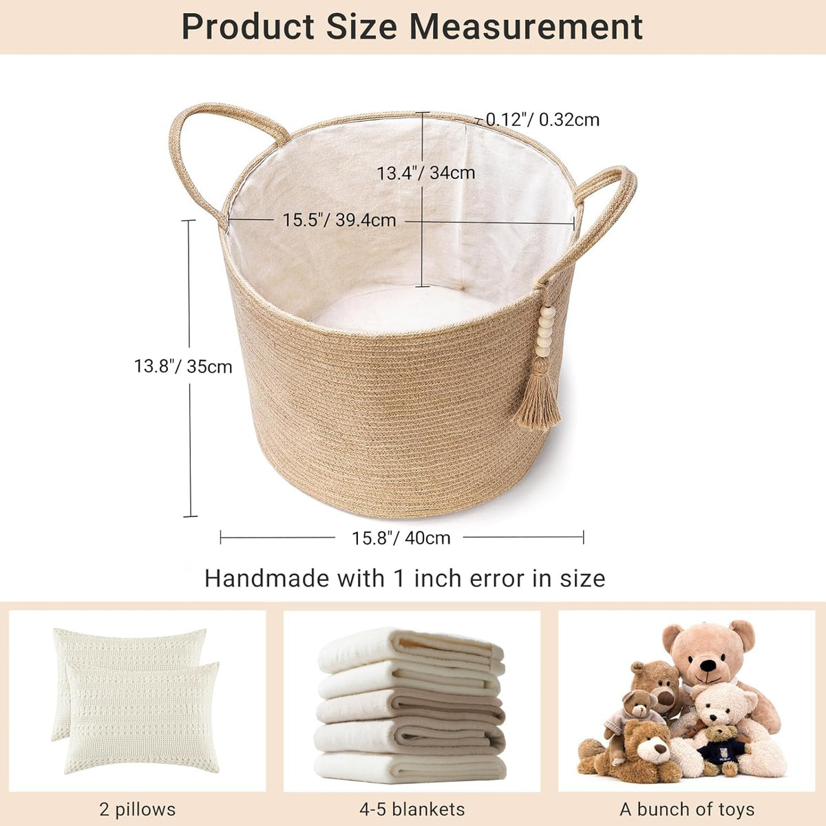 Mkono Woven Storage Basket Decorative Natural Rope Basket Wooden Bead Decoration for Blankets,Toys,Clothes,Shoes,Plant Organizer Bin with Handles Living Room Home Decor, Jute, 16