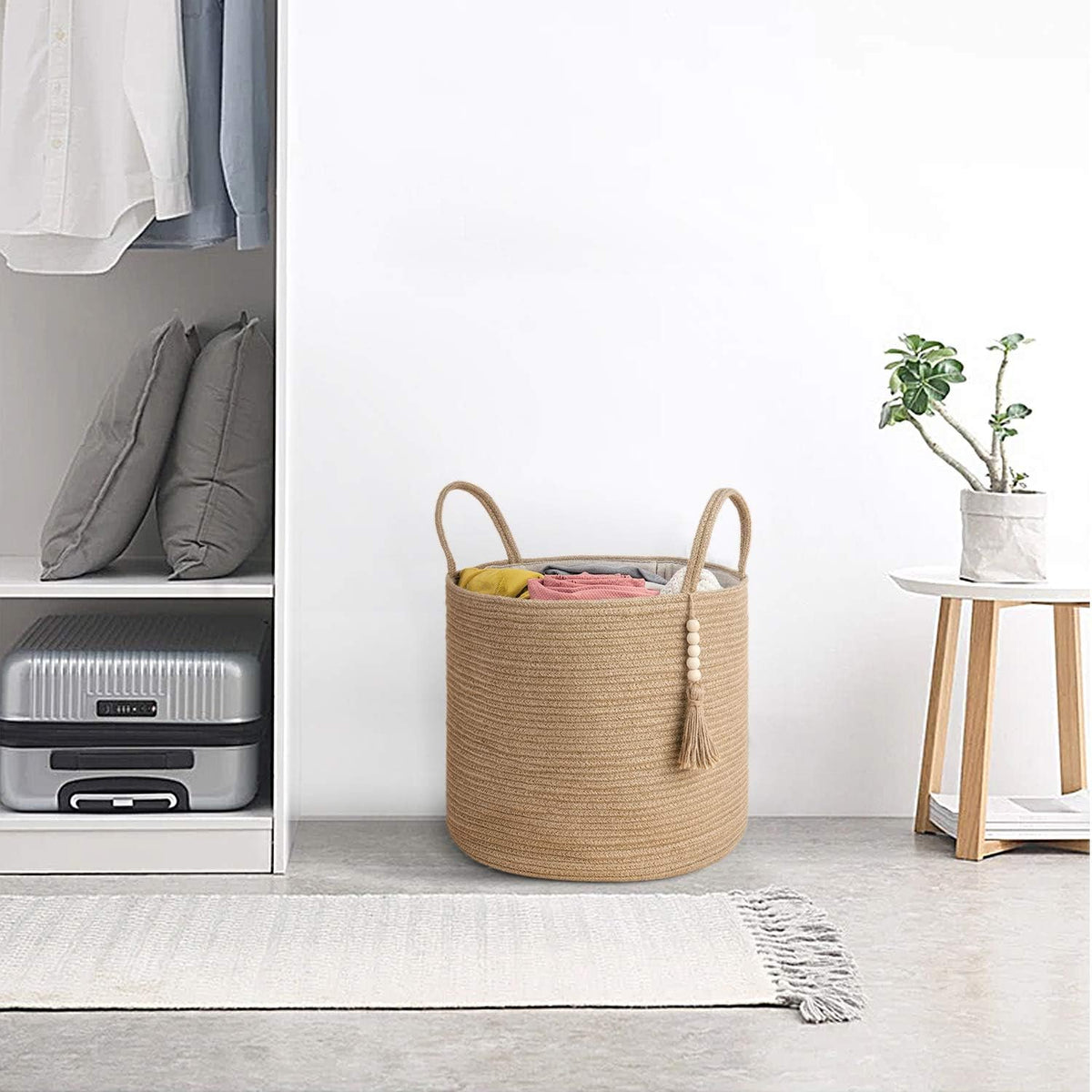 Mkono Woven Storage Basket Decorative Natural Rope Basket Wooden Bead Decoration for Blankets,Toys,Clothes,Shoes,Plant Organizer Bin with Handles Living Room Home Decor, Jute, 16