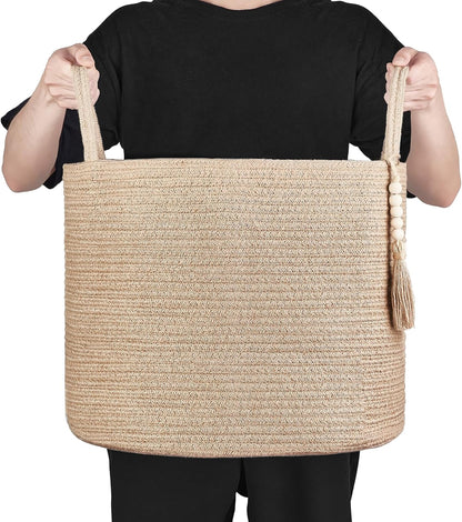Mkono Woven Storage Basket Decorative Natural Rope Basket Wooden Bead Decoration for Blankets,Toys,Clothes,Shoes,Plant Organizer Bin with Handles Living Room Home Decor, Jute, 16" W × 13.8"L