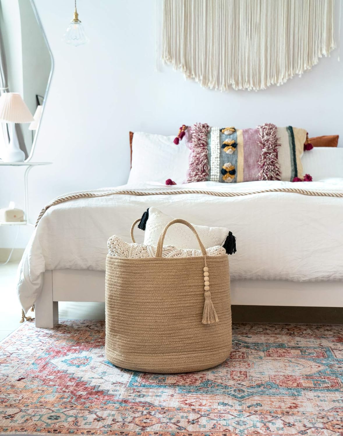 Mkono Woven Storage Basket Decorative Natural Rope Basket Wooden Bead Decoration for Blankets,Toys,Clothes,Shoes,Plant Organizer Bin with Handles Living Room Home Decor, Jute, 16