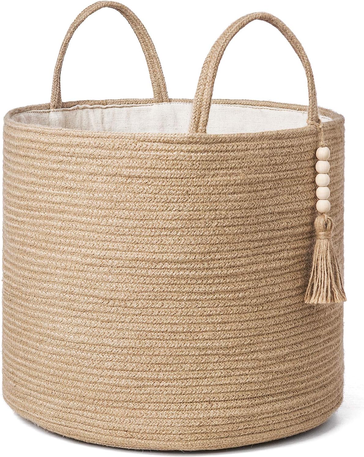 Mkono Woven Storage Basket Decorative Natural Rope Basket Wooden Bead Decoration for Blankets,Toys,Clothes,Shoes,Plant Organizer Bin with Handles Living Room Home Decor, Jute, 16