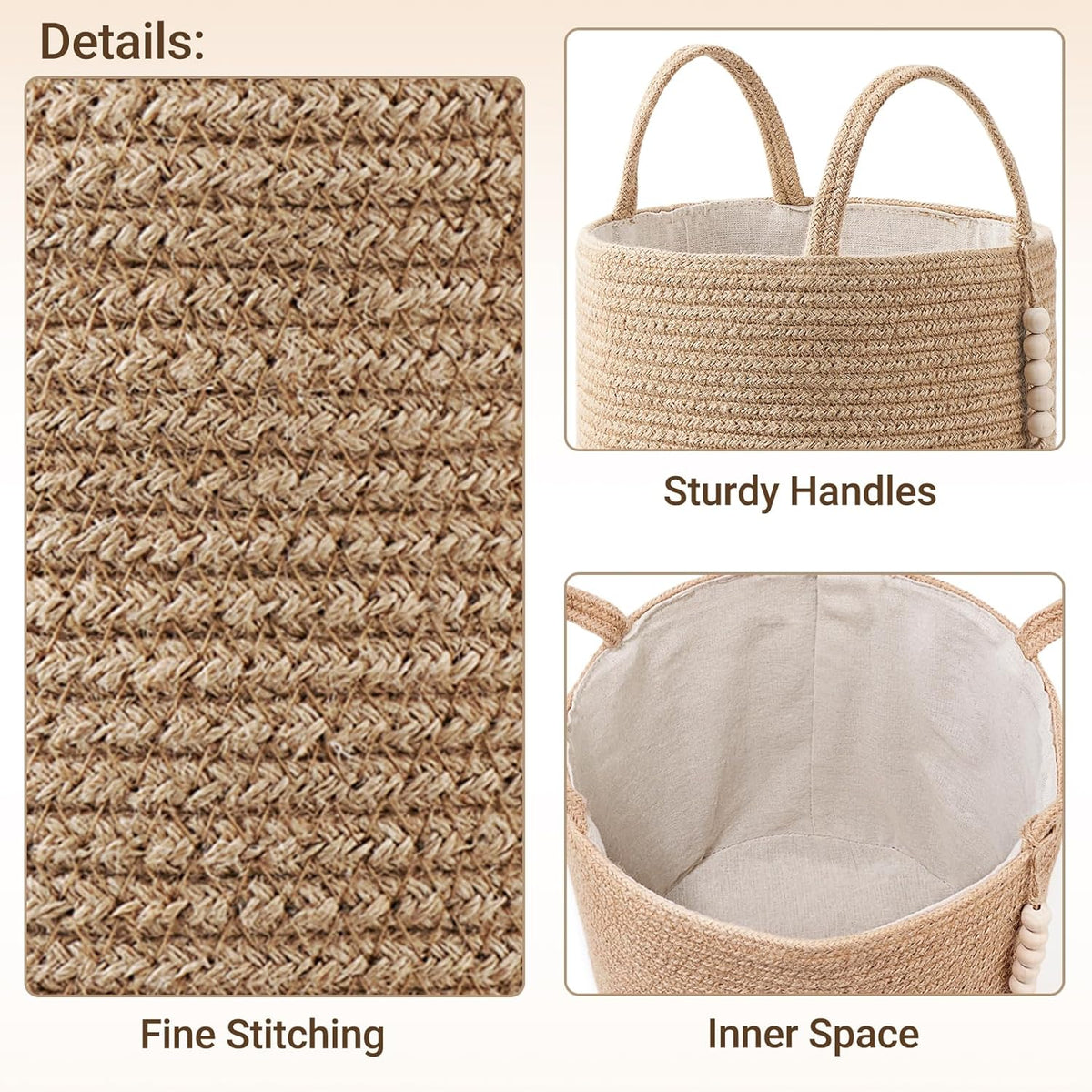 Mkono Woven Storage Basket Decorative Natural Rope Basket Wooden Bead Decoration for Blankets,Toys,Clothes,Shoes,Plant Organizer Bin with Handles Living Room Home Decor, Jute, 16